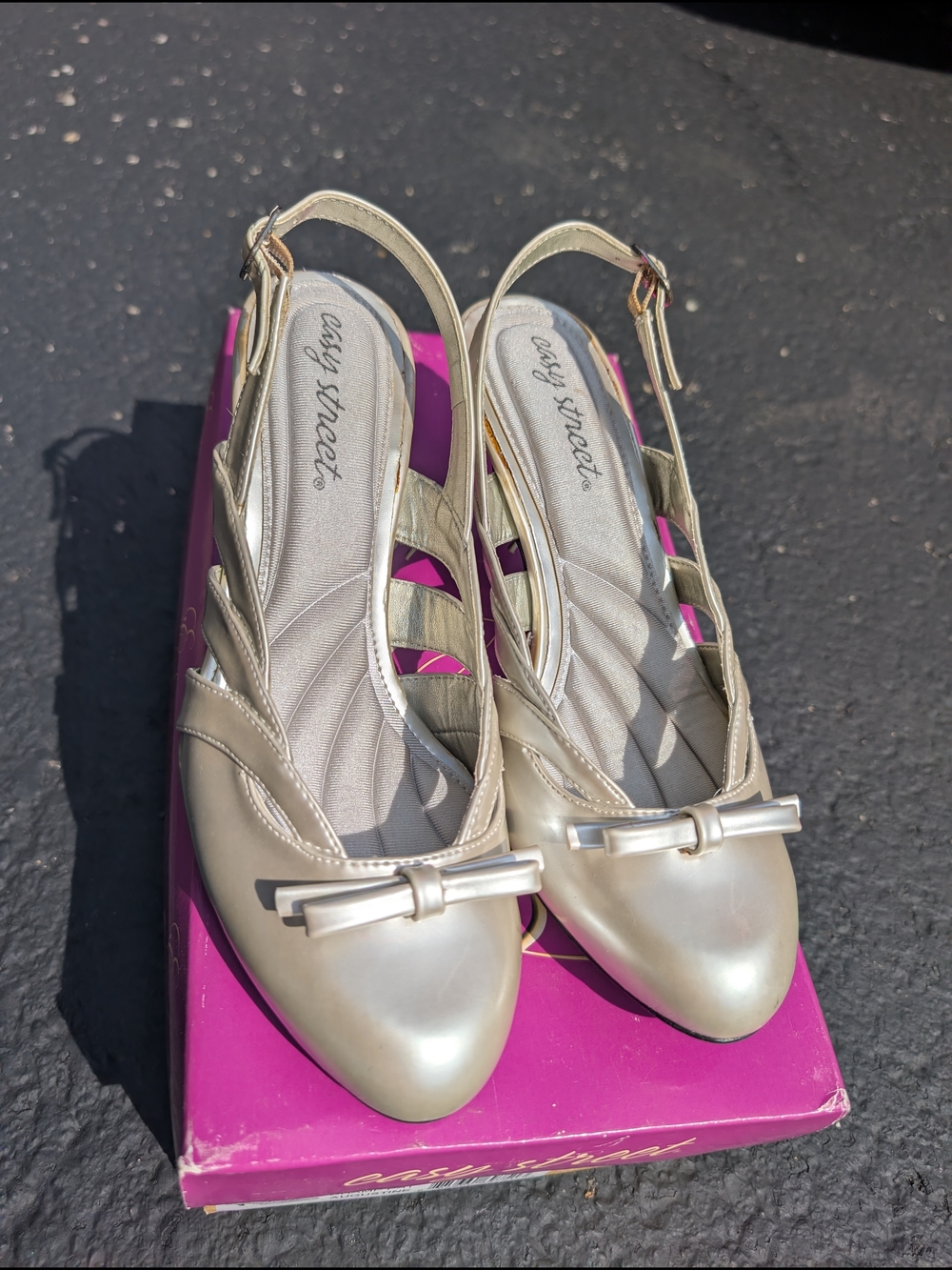 easy street Champagne Slingback Heels with Bow